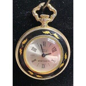 VINTAGE North Star Pocket Watch PENDANT Black & GoldTone 17 Jewels VGUC